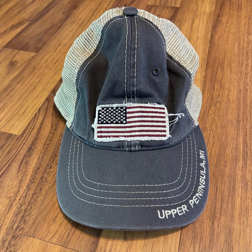 Jacobson Hat Co Upper Peninsula MI Trucker Cap Gray Tan American Flag Snapback